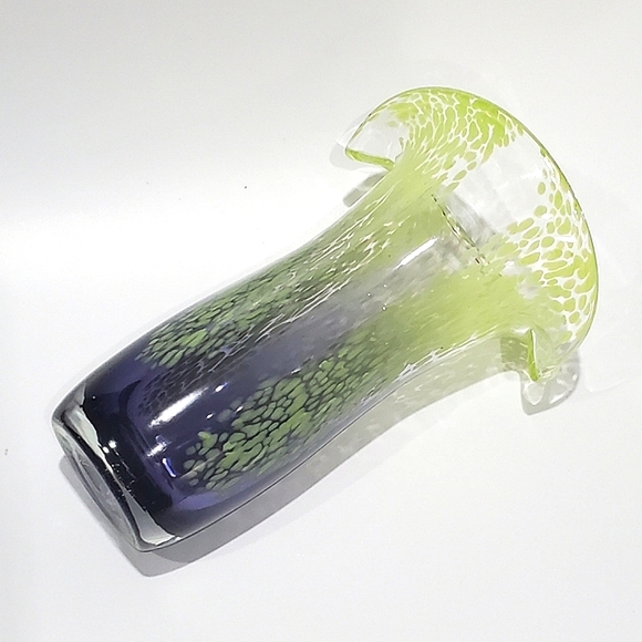 Vntg Murano Style Art Glass 7 1/2" Lime Green Clear Indigo Purple Vase - Picture 10 of 13